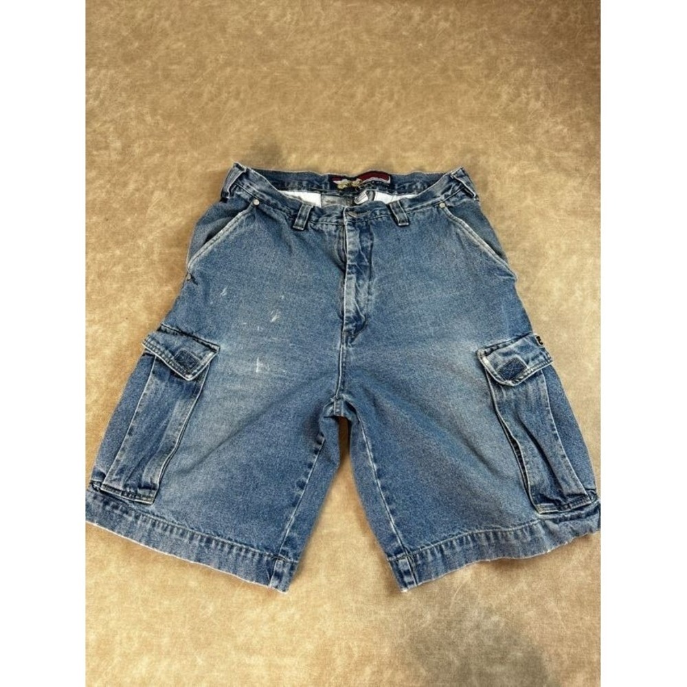 OTB Mens Cargo Denim Shorts Y2K Baggy Light Wash High Rise Cotton 34